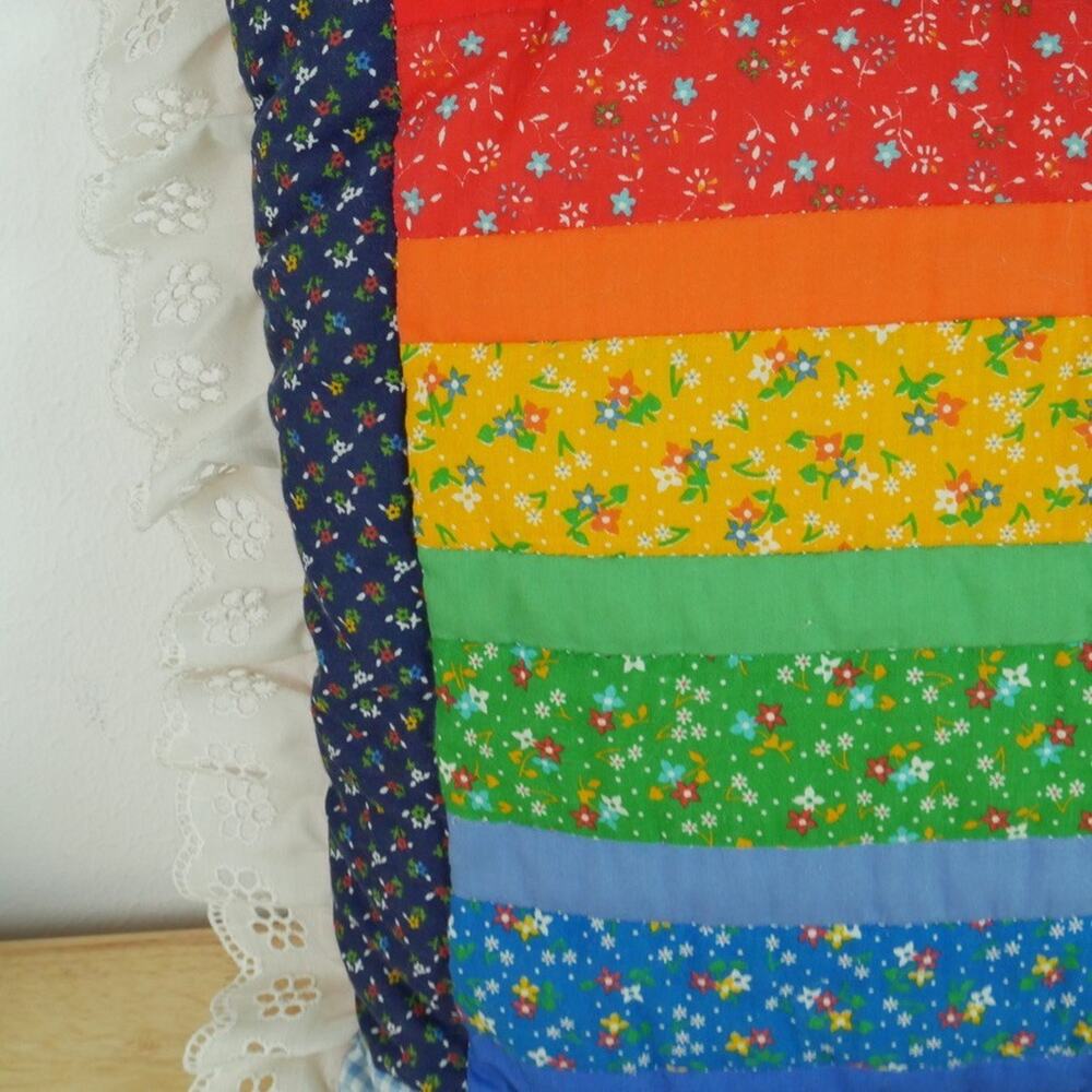 Vintage Patchwork Rainbow Throw Pillow Eyelet Ruffle Pride Kitschy Cottagecore - Picture 3 of 7